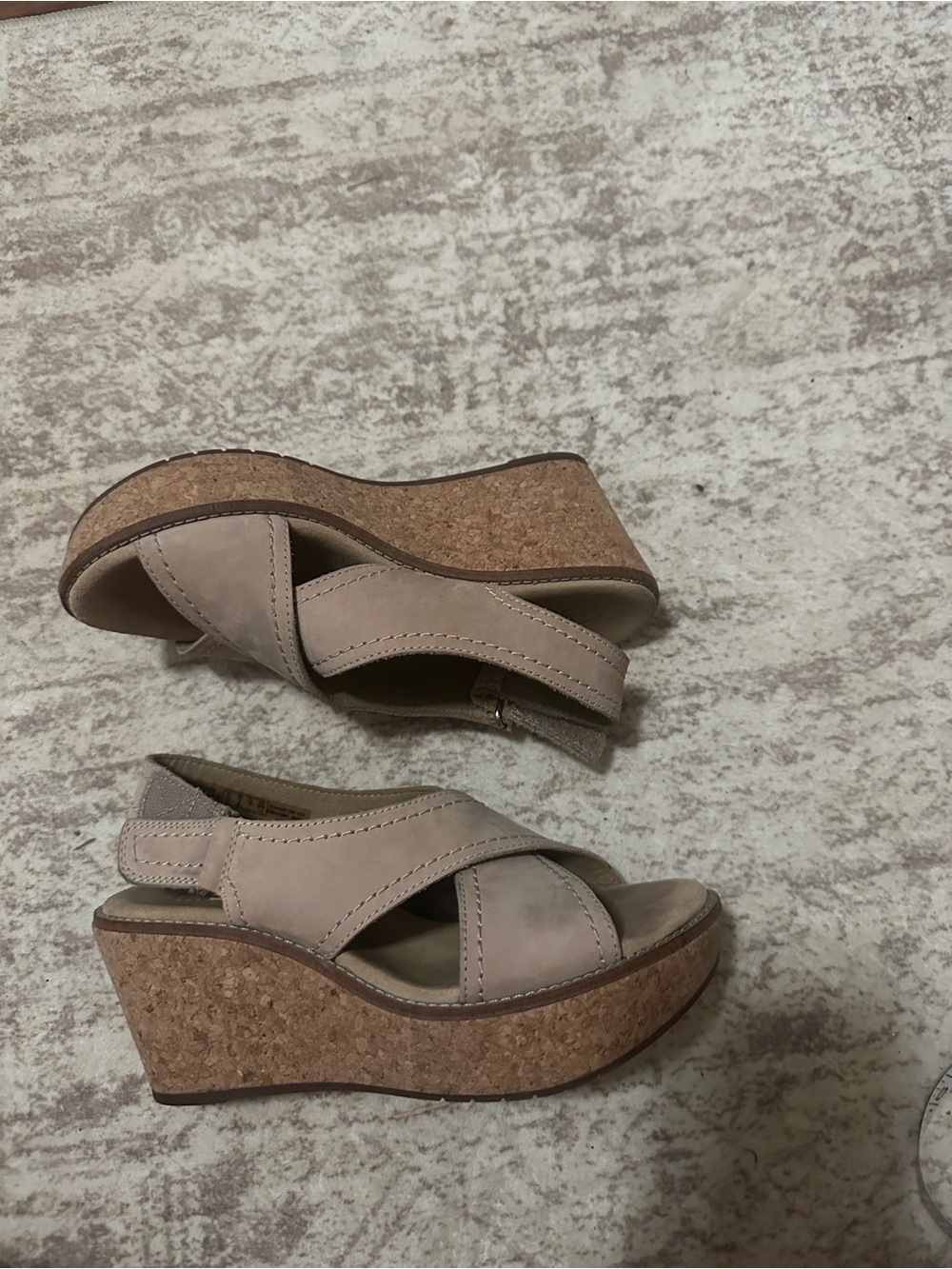 Clarks Collection Nubuck Cork Wedge Sandals Taupe Beige Velcro Comfort Shoes